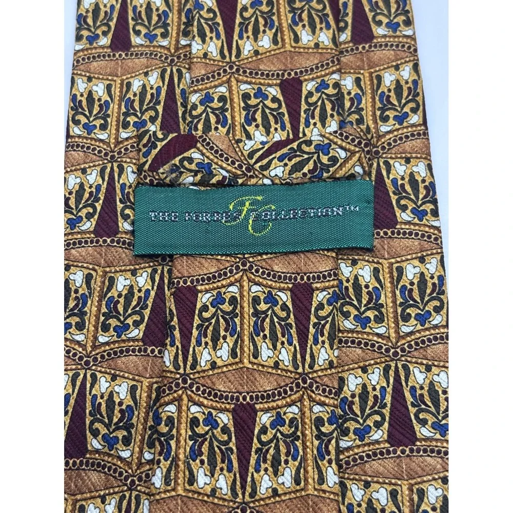 The Forbes Collection Mens Silk Tie Gold Burgundy Floral Geometric Hand Made